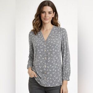 Tory Burch Gray Button-Up Blouse with Floral Pattern size 4